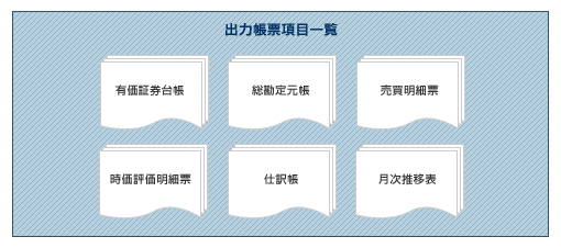 出力帳票項目一覧:有価証券台帳/総勘定元帳/売買明細票/時価評価明細票/仕訳帳/月次推移表