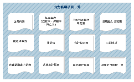 出力帳票項目一覧:従業員表/基礎率数(退職率・昇給率・死亡率)/平均残存勤務期間表/退職給付債務表/脱退残存数/仕訳帳/会計勘定表/注記事項/未確認勘定内訳表/退職率計算表/昇給率計算表/退職給付制度一覧/