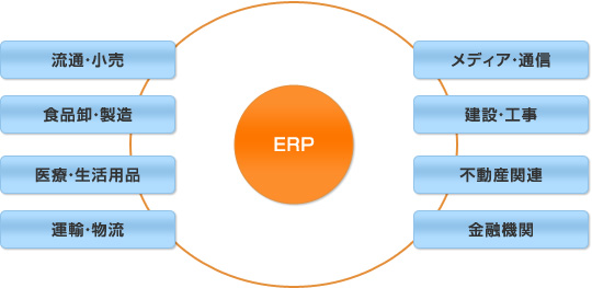 ERP：流通・小売、食品卸・製造、医療・生活用品、運輸・物流、メディア・通信、建設・工事、不動産関連、金融機関